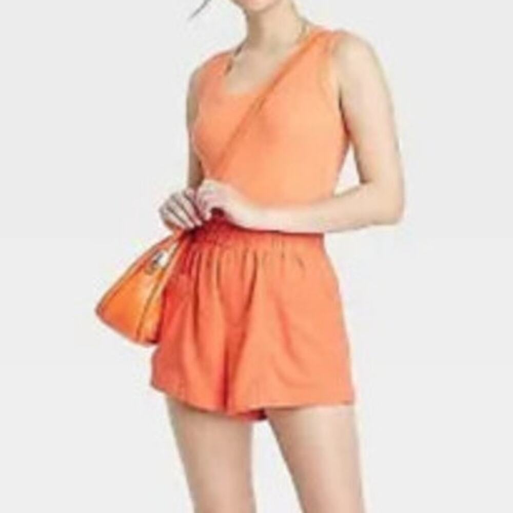 A New Day Shorts Orange High Rise Pull On Elastic Waist Linen Blend Size XL